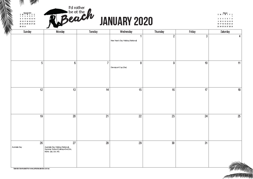 2020 Australian Printable Calendar - I'd rather be at the beach