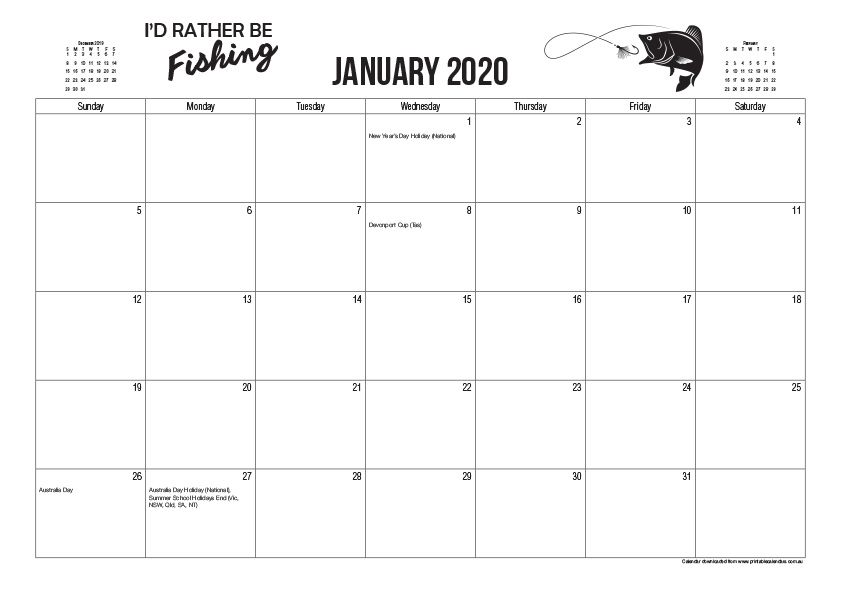 2020 Australian Printable Calendar - I'd rather be fishing