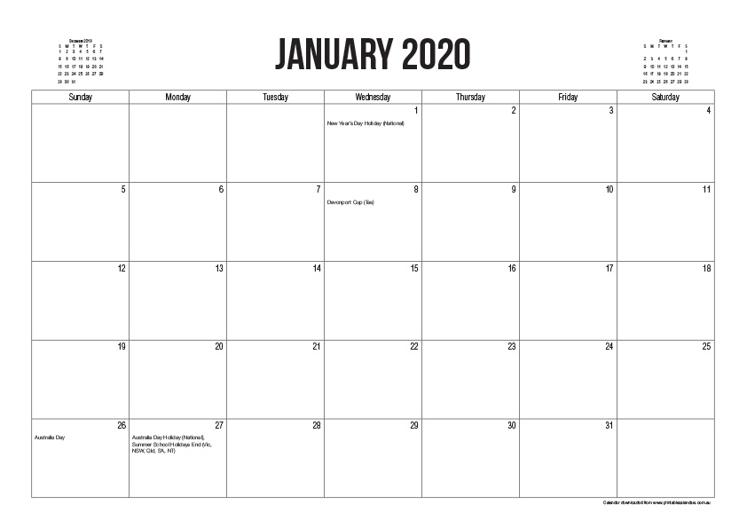 2020 Australian Printable Calendar - Standard