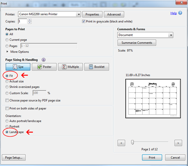 Landscape printer settings